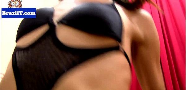  Brazilian petite tgirl tugging on her cock